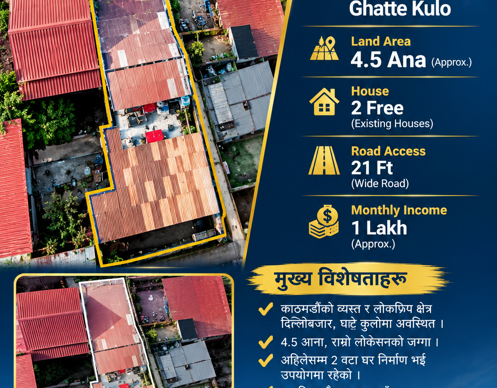 Land on Sale – Dillibazar Ghatte Kulo | 4.5 Aana | 2 Houses | 21 Ft Road